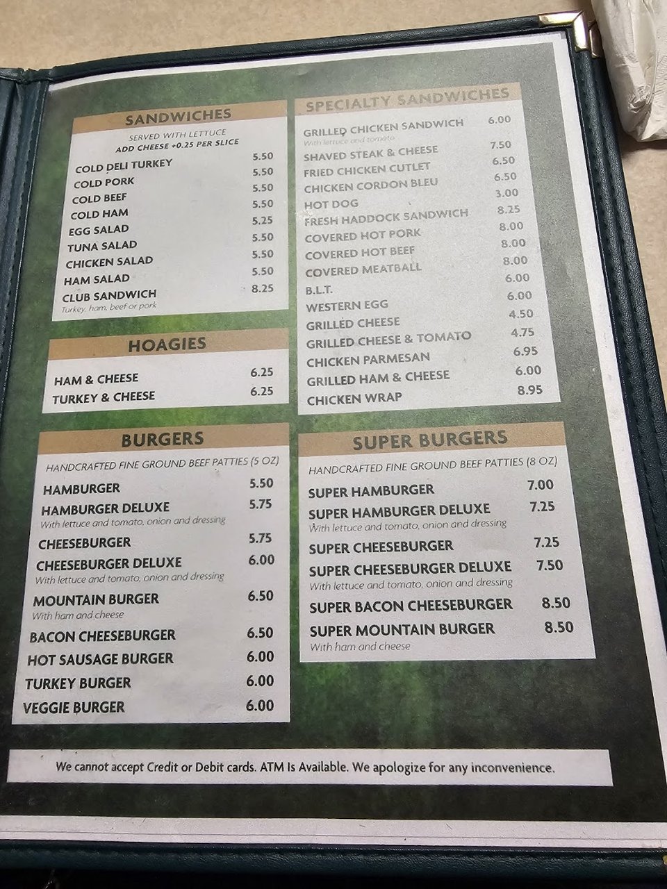 Printed menu with soups and salads
