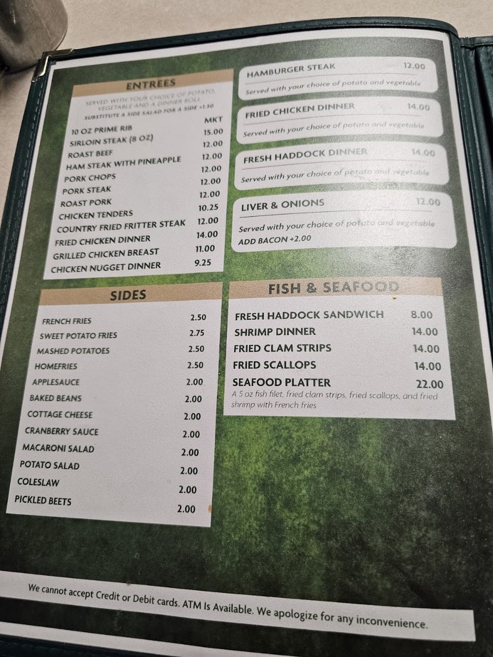 Diner menu featuring cold plates